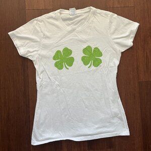 White T-Shirt with Green Clover Design